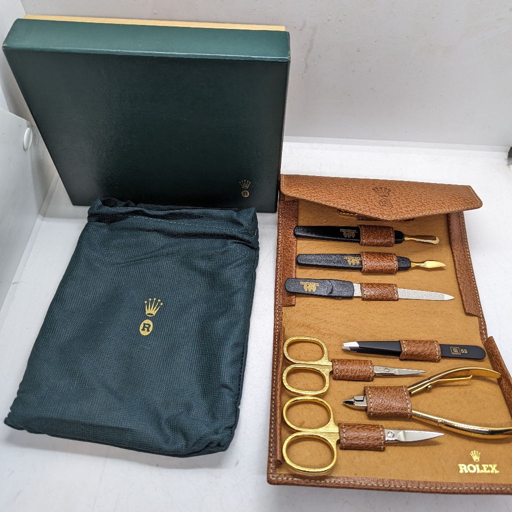 rolex brown leather travel manicure set kit  brand new